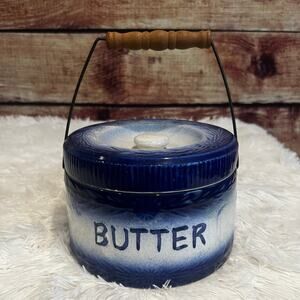 Vintage Blue and White Ceramic Butter crock with Wood Handle
